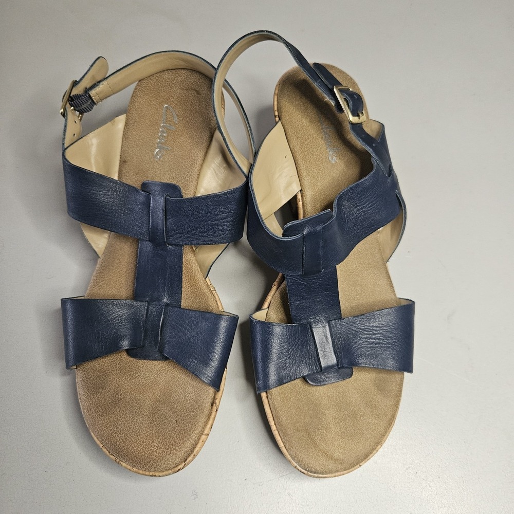 Clarks Womens Sandals 8.5M Blue Leather Slingback T Strap Cork Wedge Comfort